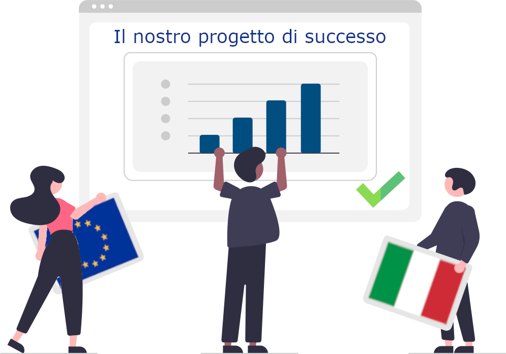 Schermo sul quale è presente un grafico a colonne con andamento crescente intitolato 'Il nostro progetto di successo'. 3 persone lavorano su questo grafico, due delle quali stanno portando due bandiere: una europea e una italiana